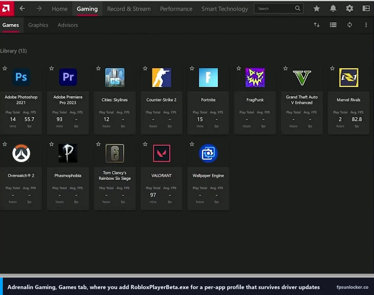 amd radeon roblox settings, Adrenalin Gaming tab where Roblox gets a per-app profile