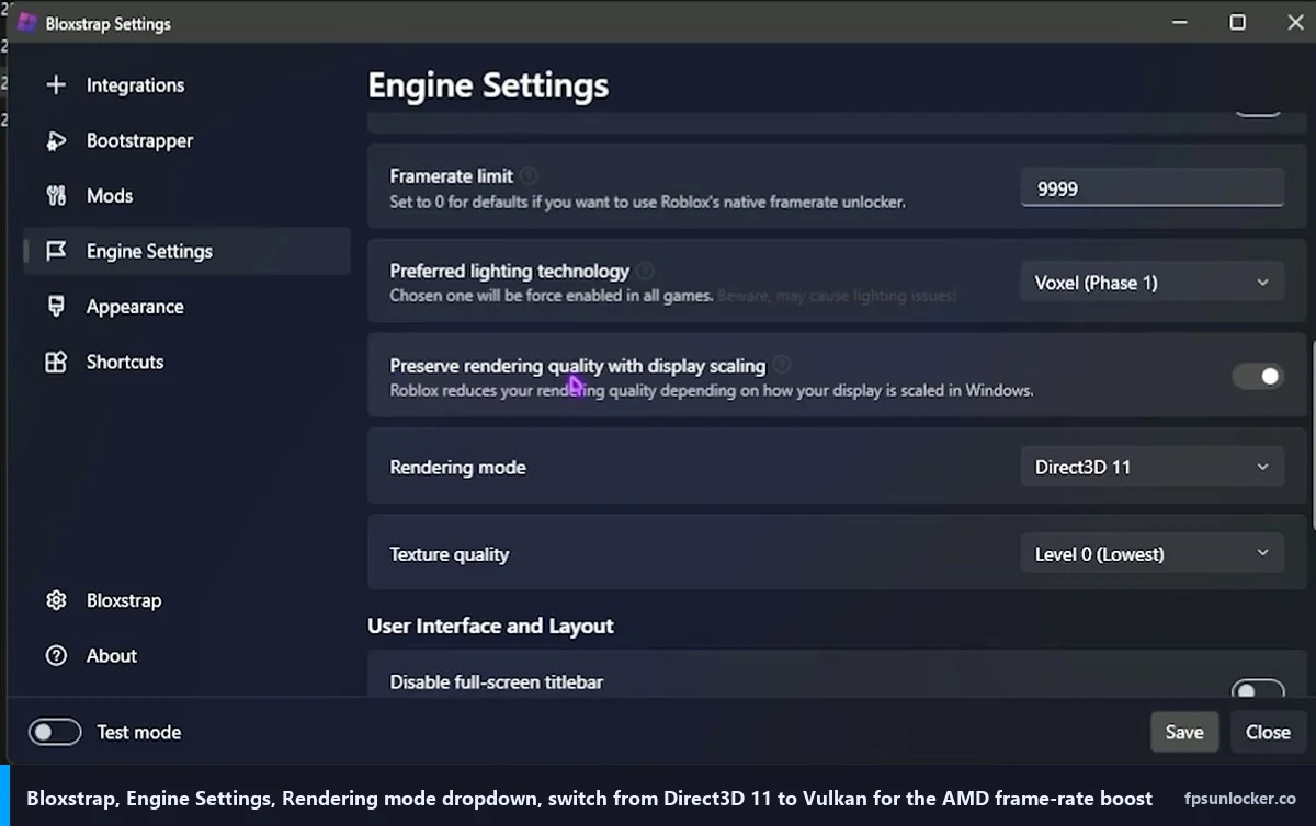 amd radeon roblox settings, Bloxstrap Engine Settings rendering mode dropdown set to Direct3D 11