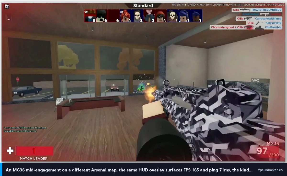 arsenal fps boost, MG36 mid-engagement Arsenal screenshot with FPS counter visible