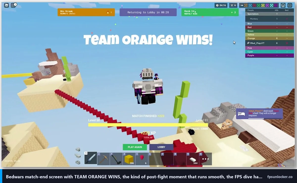 bedwars fps drops, Bedwars match-end screen with team win banner