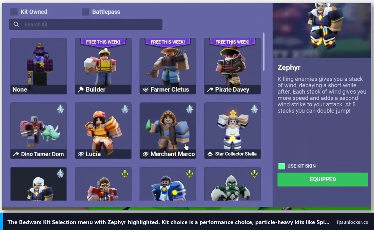 bedwars fps drops, Bedwars Kit Selection menu showing kit-effect tradeoffs