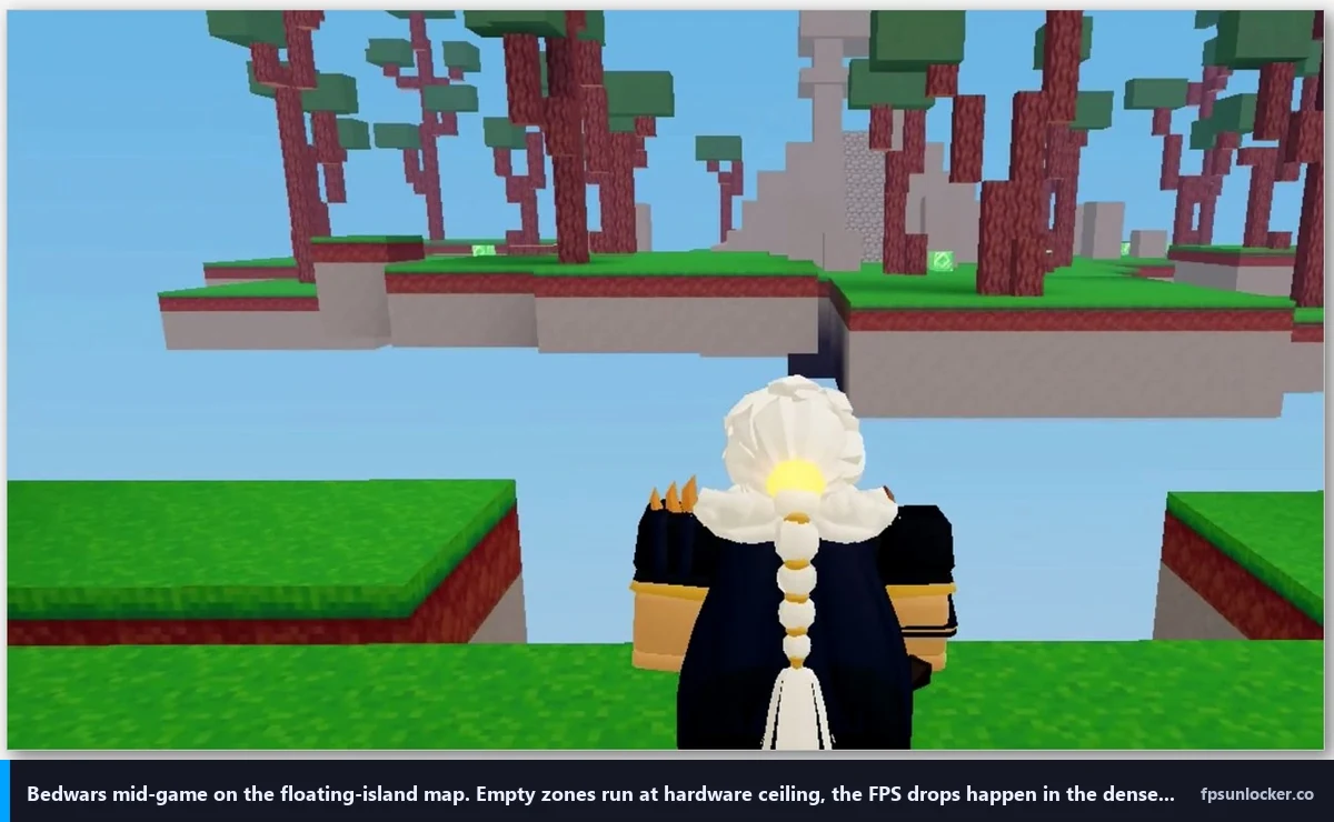 bedwars fps drops, Bedwars floating-island map mid-game exploration view