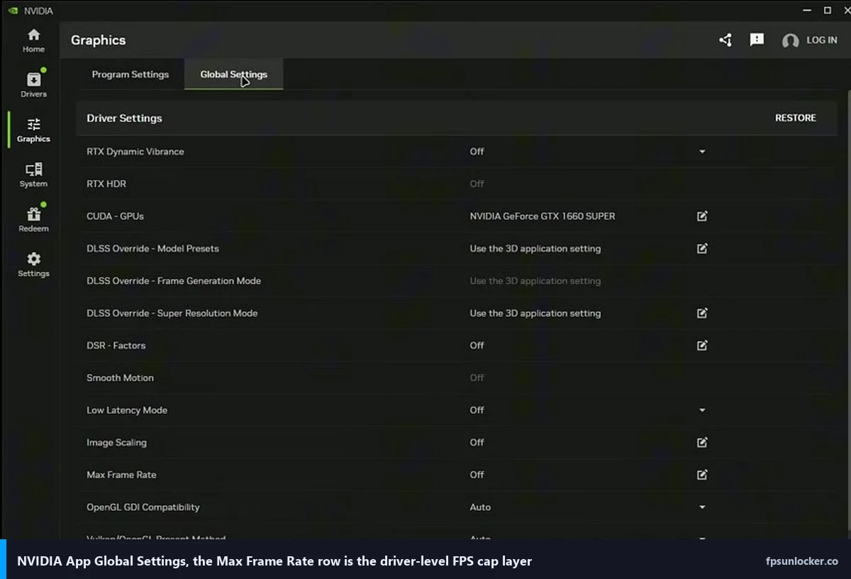 best fps unlocker for high refresh monitor, NVIDIA App Global Settings with the Max Frame Rate row highlighted