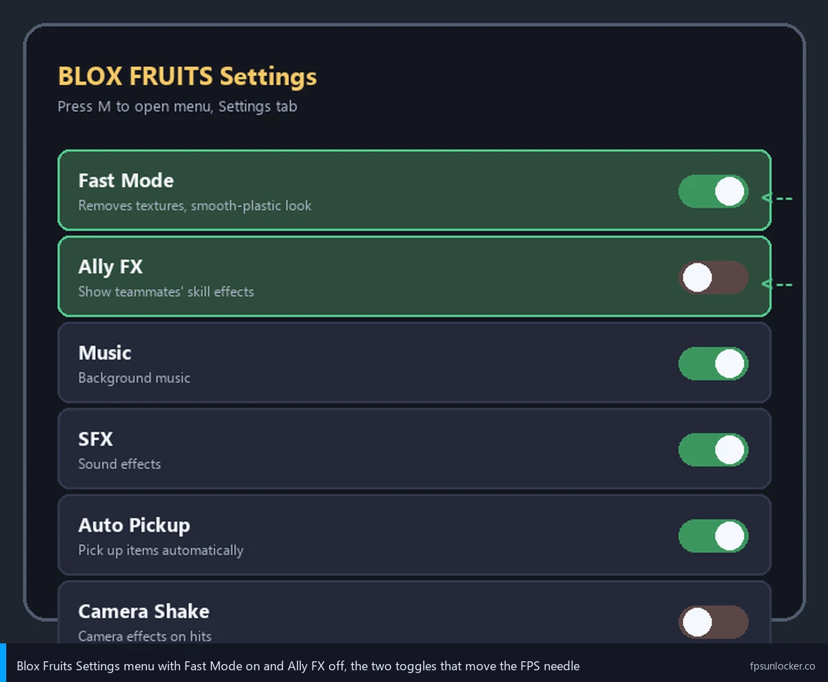 blox fruits fps drops, step 2 fast mode and ally fx settings menu