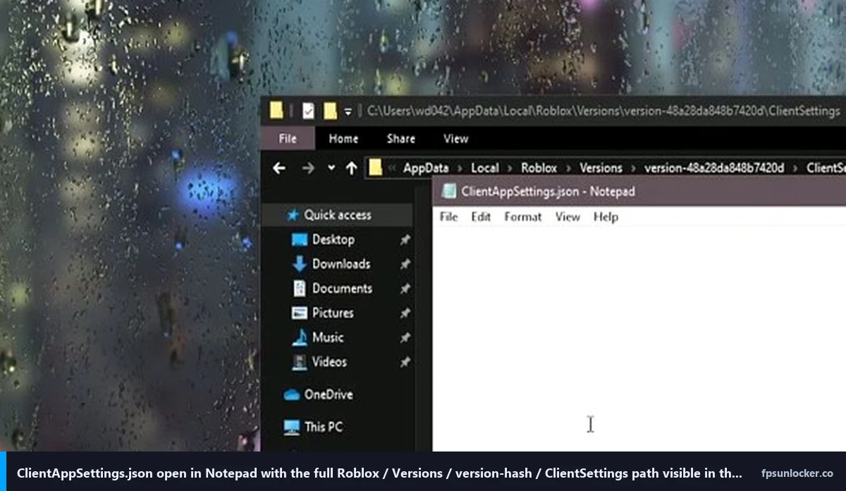 clientappsettings.json file open in Notepad with the version-hash path visible in File Explorer