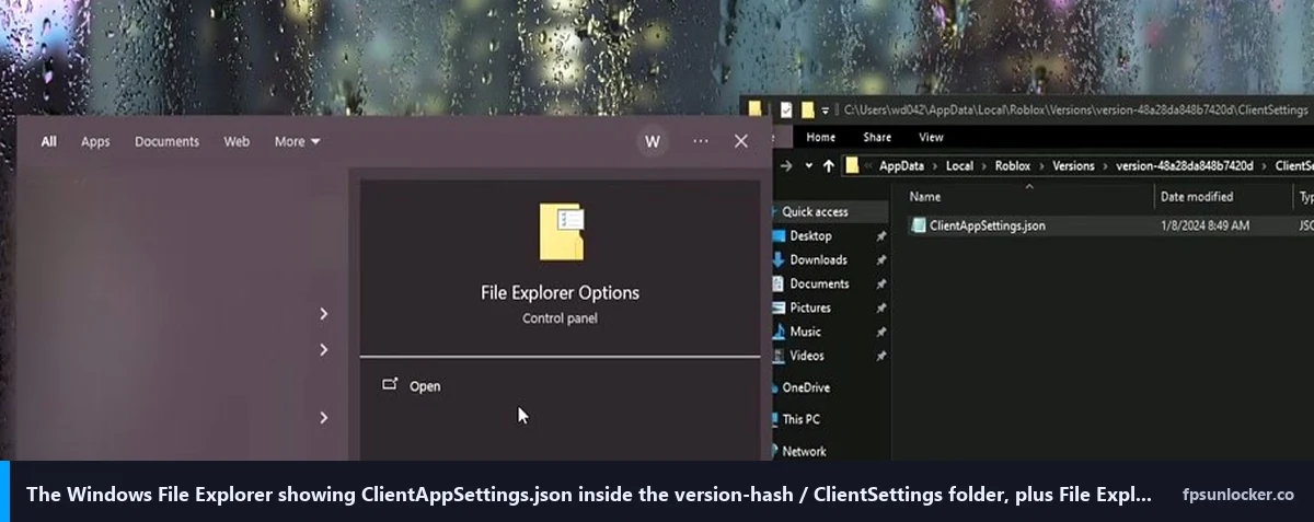 roblox client settings folder showing ClientAppSettings.json inside version-hash directory