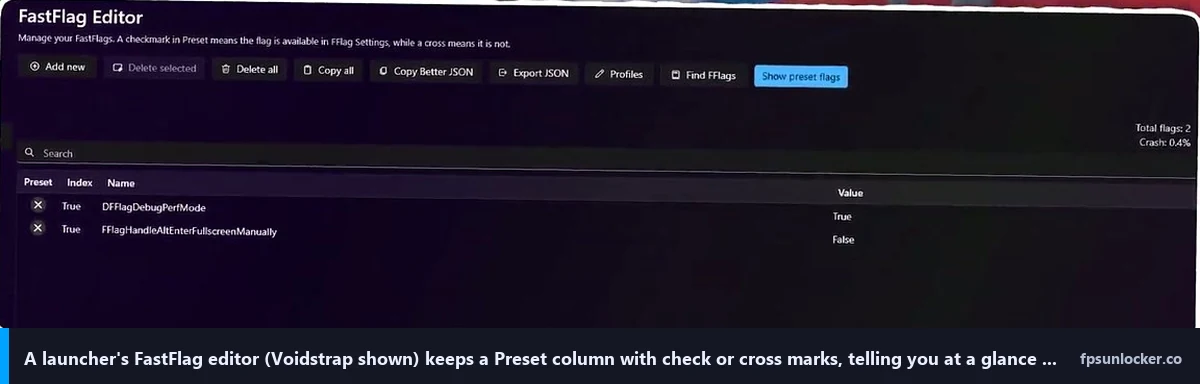 clientappsettings.json edited through a launcher fastflag editor showing preset column allowlist indicators