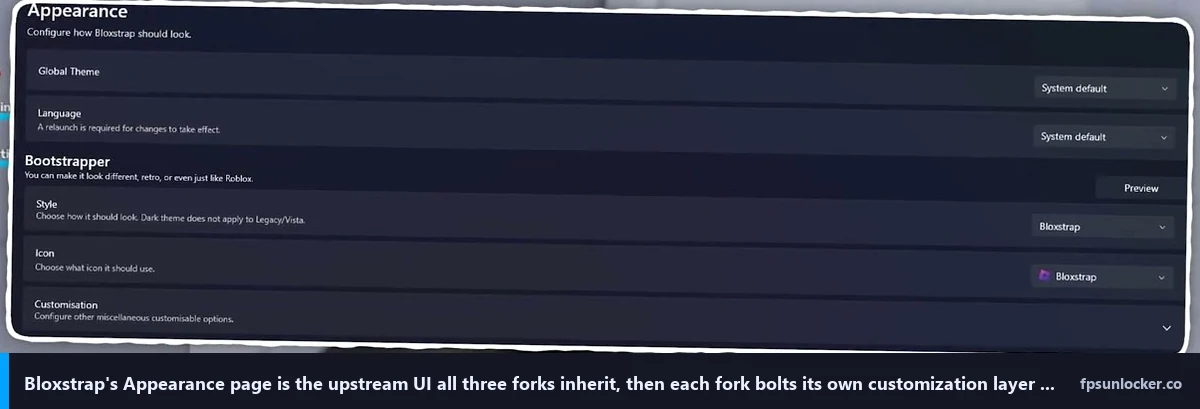 fishstrap vs voidstrap vs froststrap, Bloxstrap upstream Appearance page that all three forks inherit