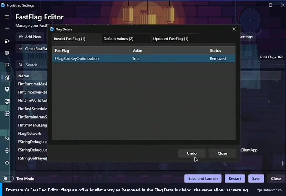 fishstrap vs voidstrap vs froststrap, Froststrap FastFlag Editor flag details dialog showing an off-allowlist entry as Removed