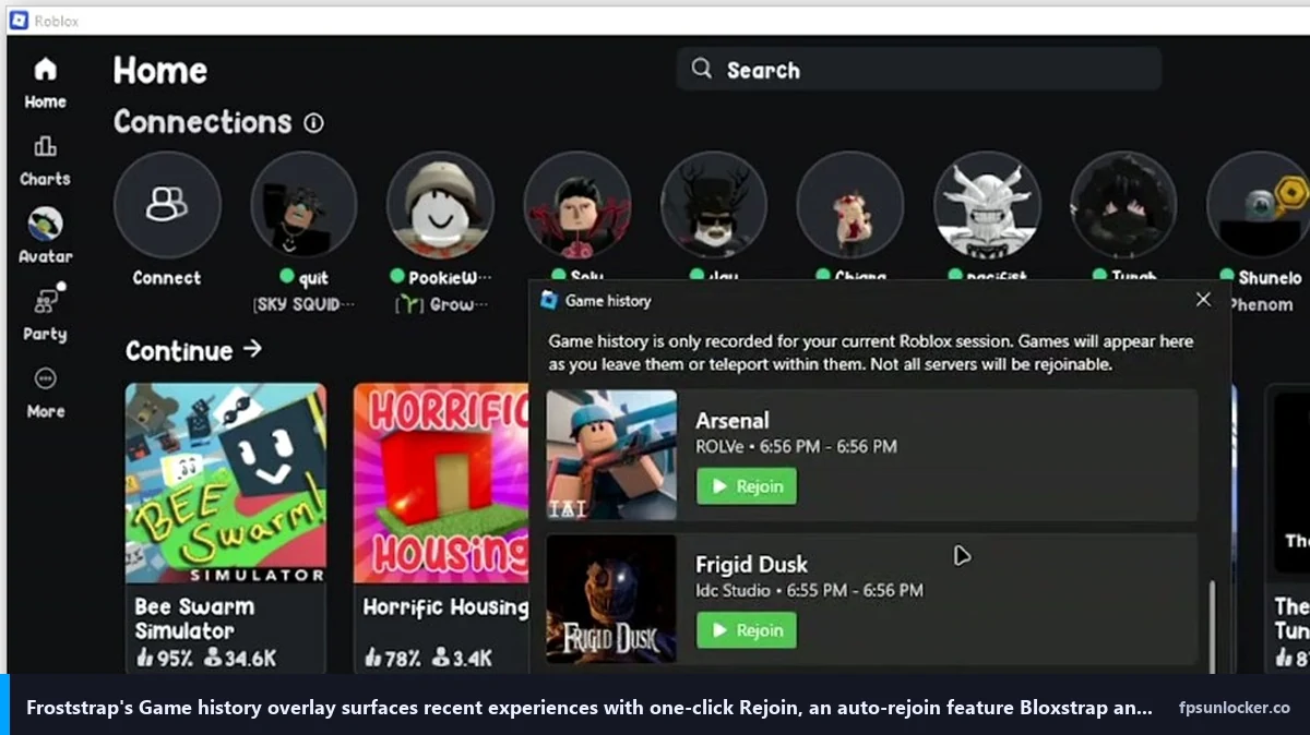 fishstrap vs voidstrap vs froststrap, Froststrap auto-rejoin Game history overlay showing one-click Rejoin buttons