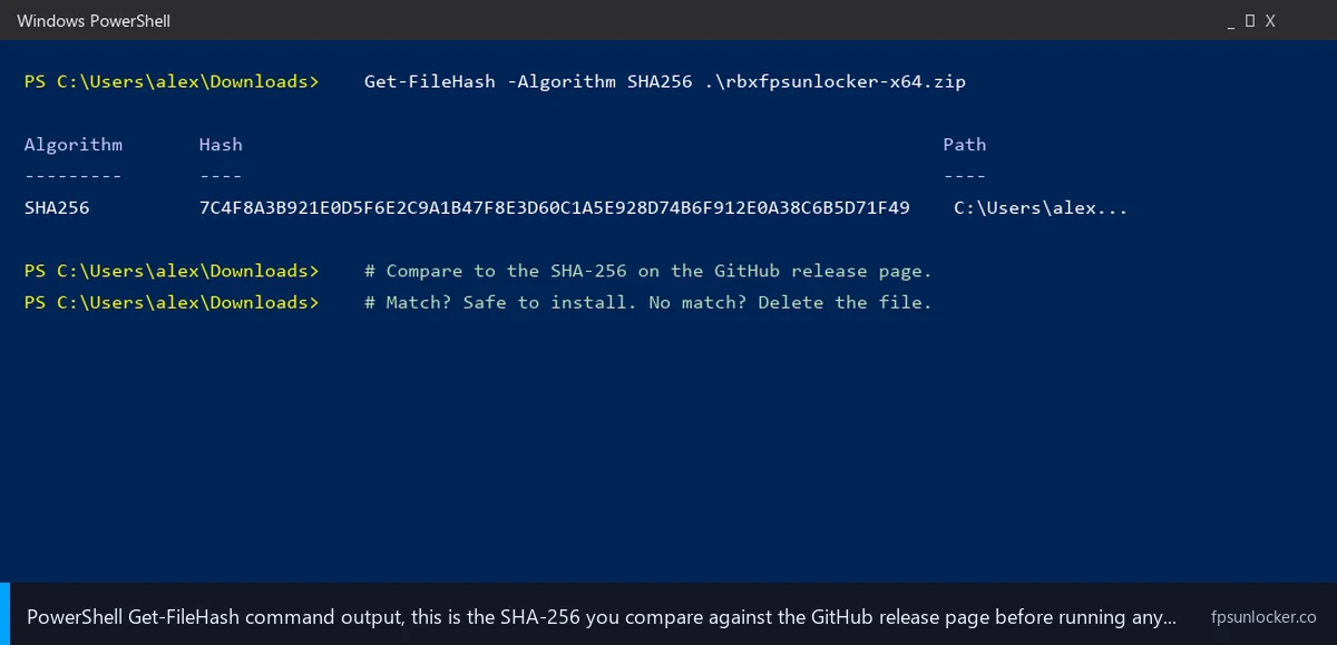 fps unlockers to avoid, PowerShell Get-FileHash command output showing SHA-256 hash for rbxfpsunlocker zip