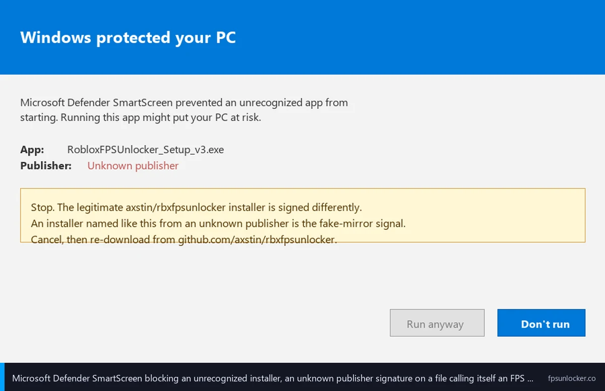 fps unlockers to avoid, Windows Defender SmartScreen warning blocking an unrecognized fake unlocker installer