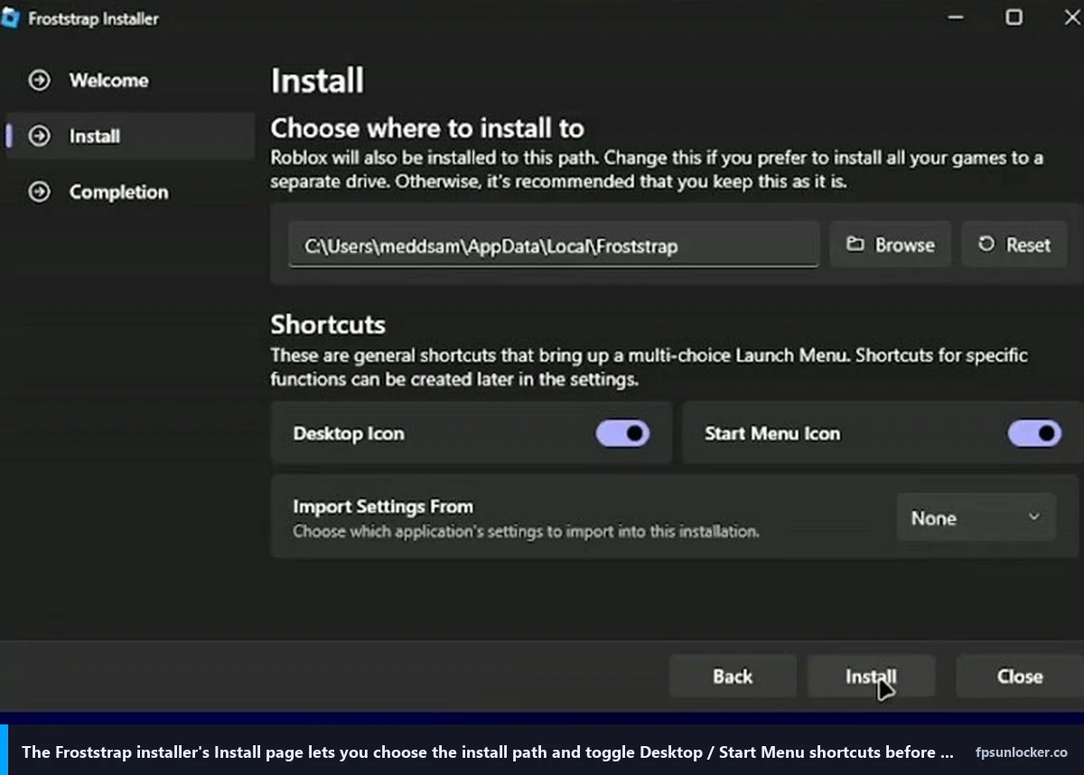 froststrap setup, Froststrap installer Install dialog choosing the install path and shortcuts