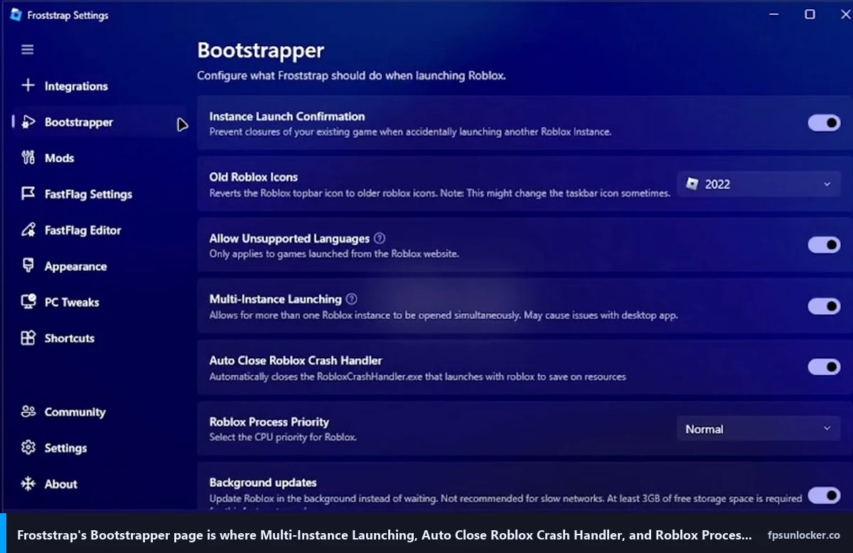 froststrap setup, Bootstrapper page with multi-instance launching and process priority toggles