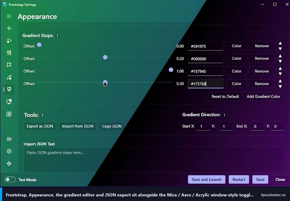 froststrap setup, Appearance page gradient editor with JSON export tools
