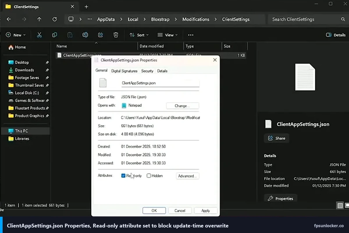 hyperion fastflags status, ClientAppSettings.json Read-only attribute properties dialog