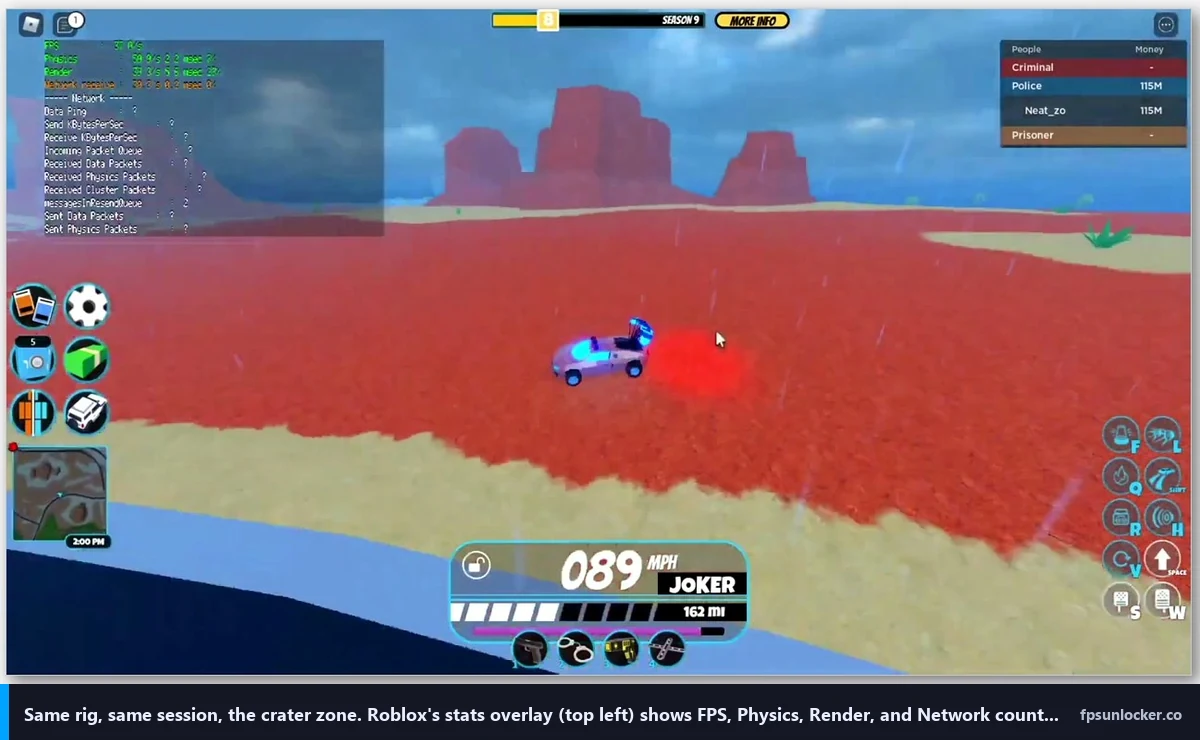 jailbreak fps fix, crater zone gameplay with Roblox FPS stats overlay visible top-left