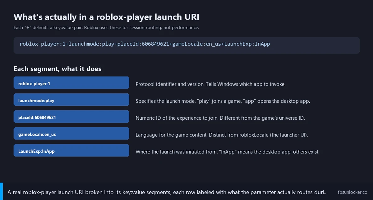 launch flags vs fastflags, parsed roblox-player launch URI breakdown with labeled session routing parameters