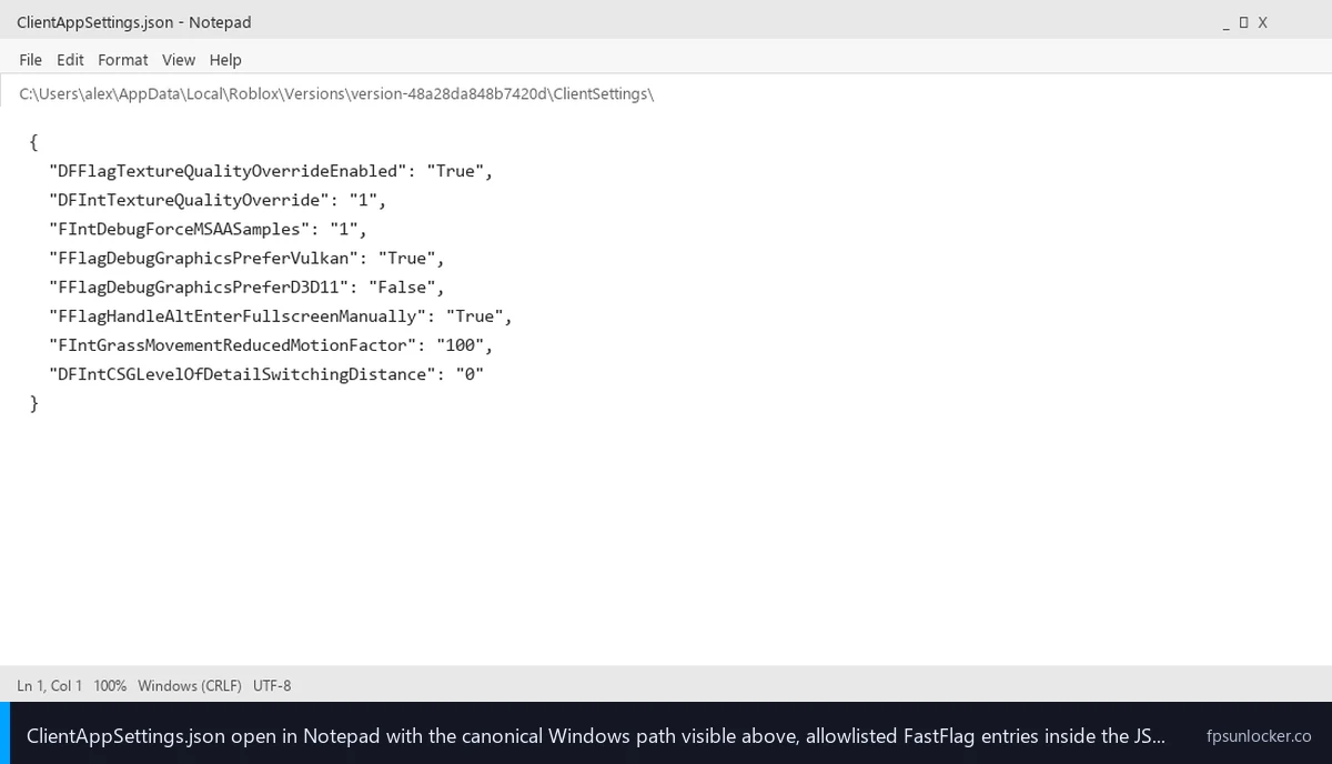 launch flags vs fastflags, ClientAppSettings.json open in Notepad showing allowlisted FastFlag entries