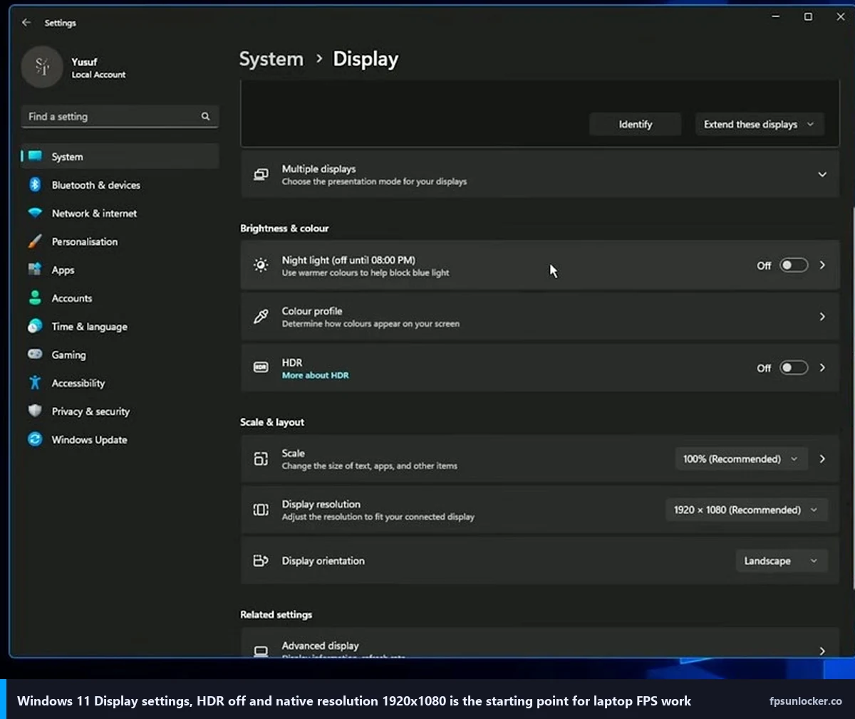 roblox low fps gaming laptop, Windows 11 System Display settings with HDR off and 1920x1080 native resolution