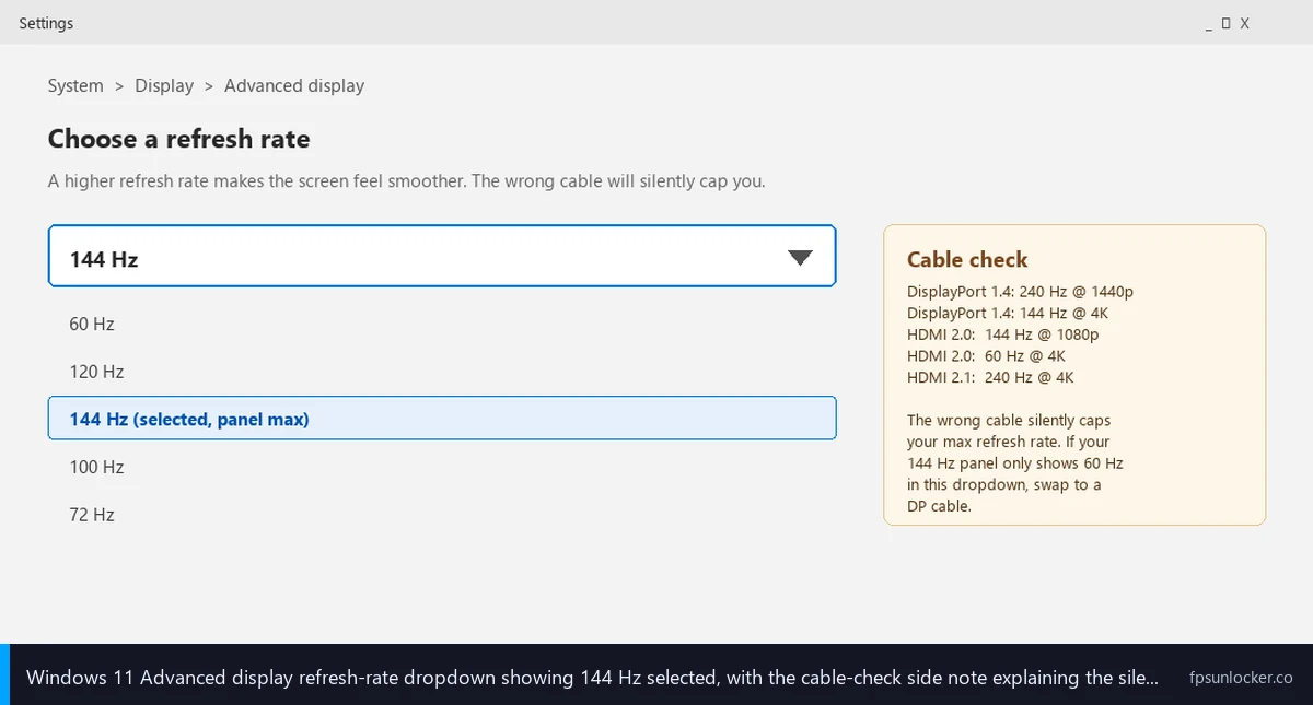 match fps to refresh rate roblox, Windows 11 Advanced display settings refresh rate dropdown