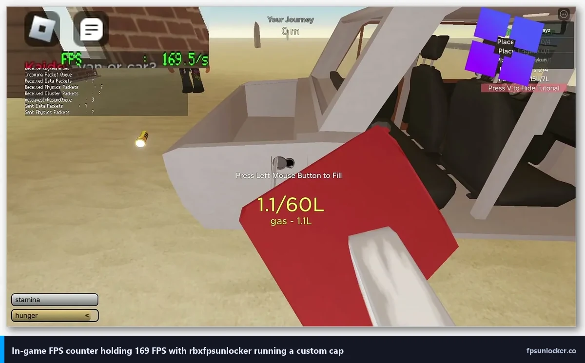 native fps vs rbxfpsunlocker, in-game Roblox FPS counter overlay showing 169 on a 144Hz panel