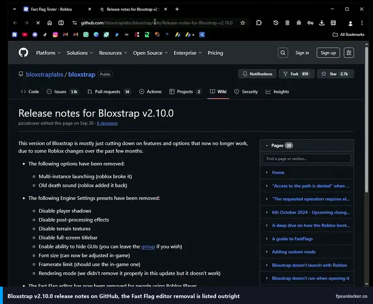native fps vs rbxfpsunlocker, Bloxstrap v2.10.0 release notes listing Fast Flag editor removal