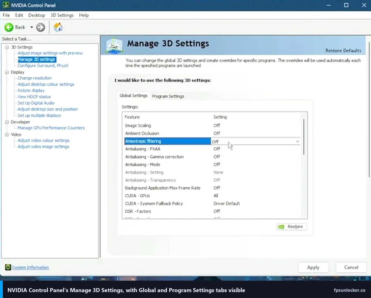 nvidia control panel roblox: Manage 3D Settings page with Global and Program Settings tabs visible
