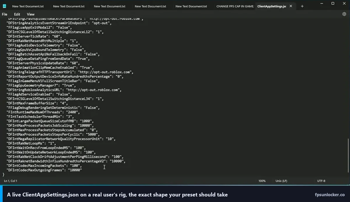 performance fastflags list: a live ClientAppSettings.json on a real user rig, the exact shape a preset should take