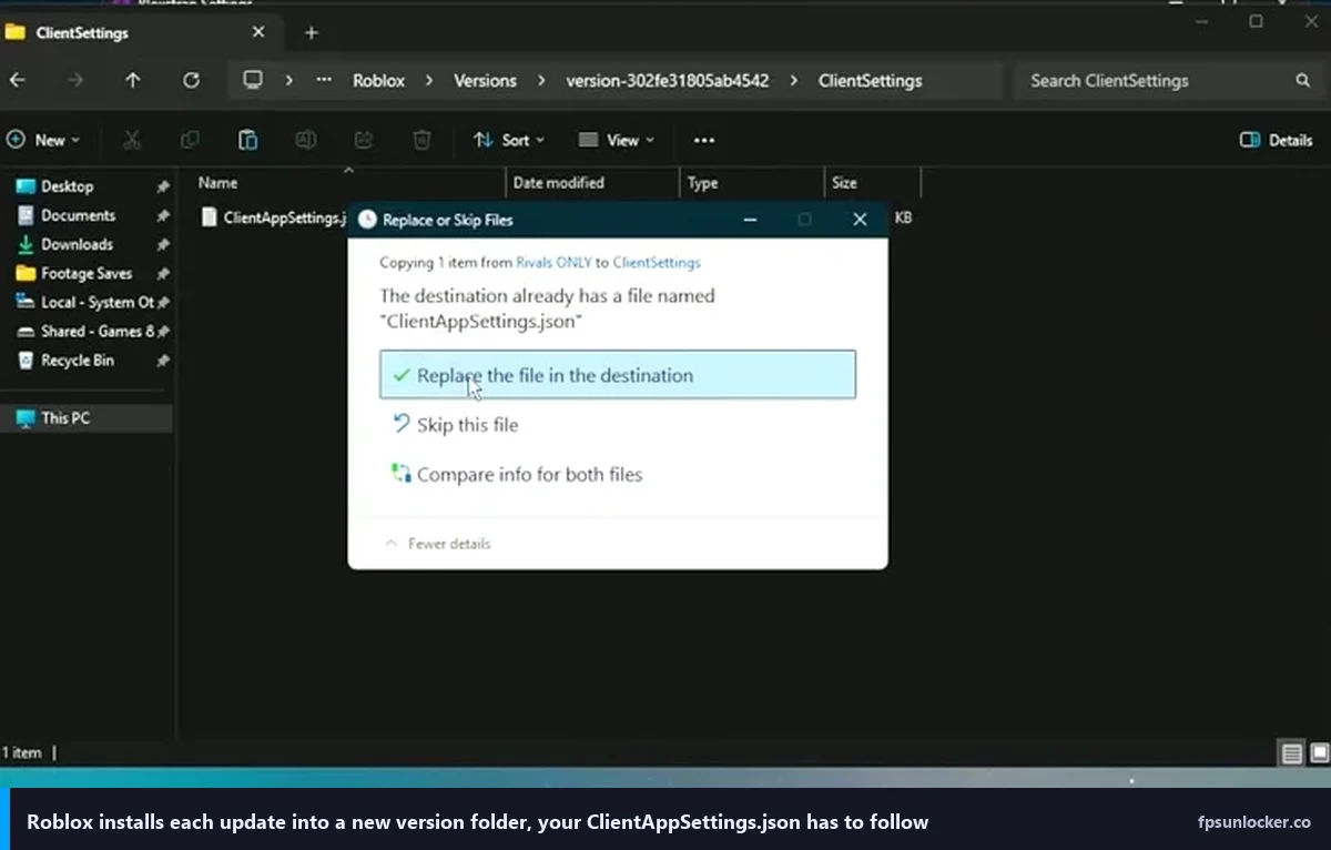 performance fastflags list, Roblox Versions ClientSettings folder with the Replace or Skip Files dialog