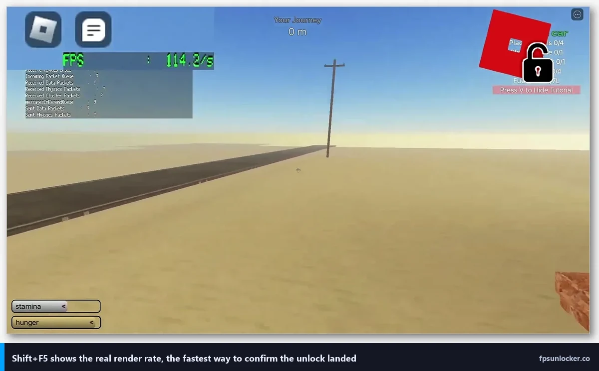 rbxfpsunlocker step 1, Roblox Shift+F5 overlay reading 114 FPS after the unlocker patches the scheduler