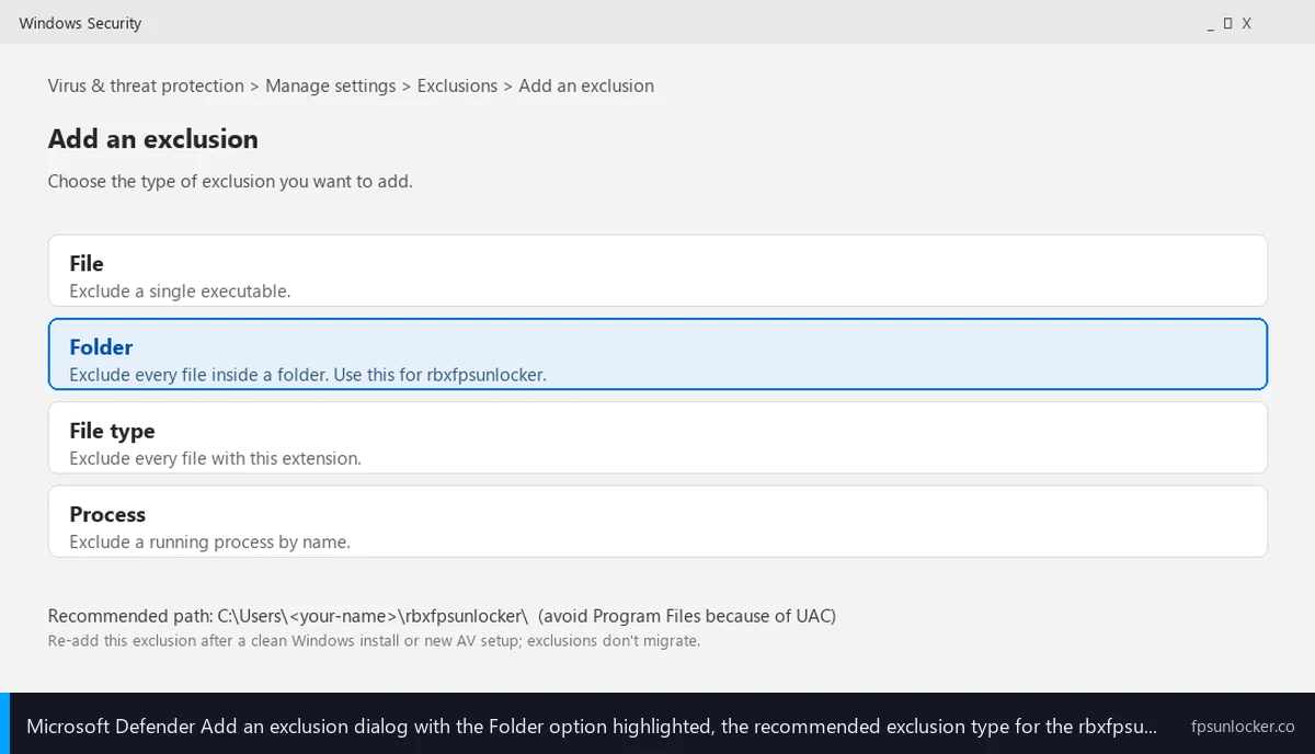 rbxfpsunlocker virus false positive, Microsoft Defender exclusion dialog showing folder option
