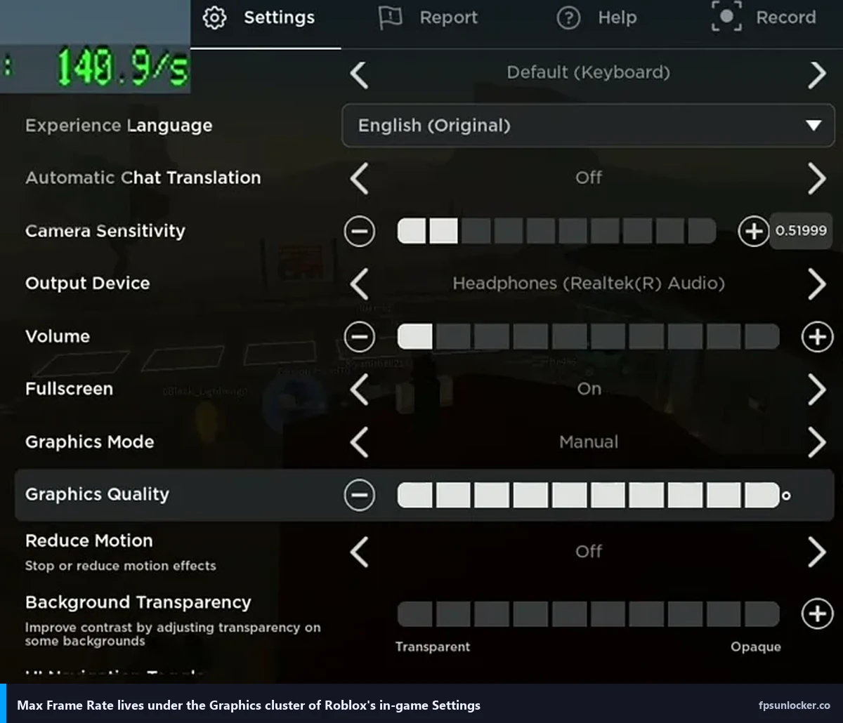 roblox built in fps setting step 1, Roblox in-game Settings panel where Max Frame Rate lives under Graphics