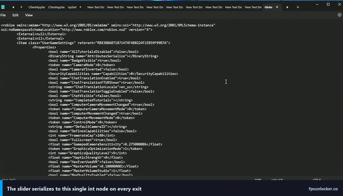 roblox built in fps setting step 2, GlobalBasicSettings_13.xml in Notepad FramerateCap is the int the slider writes