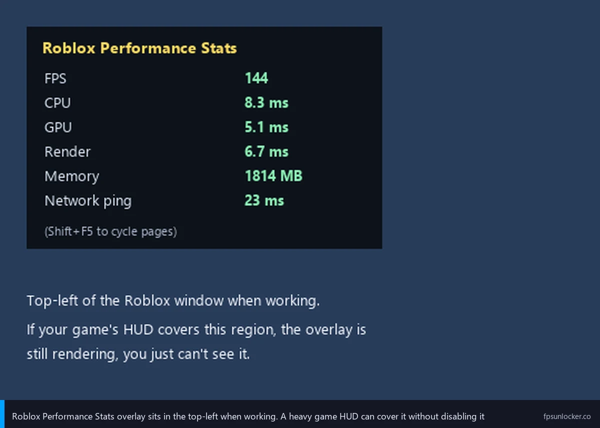 roblox fps counter not showing, step 2 performance stats overlay mockup