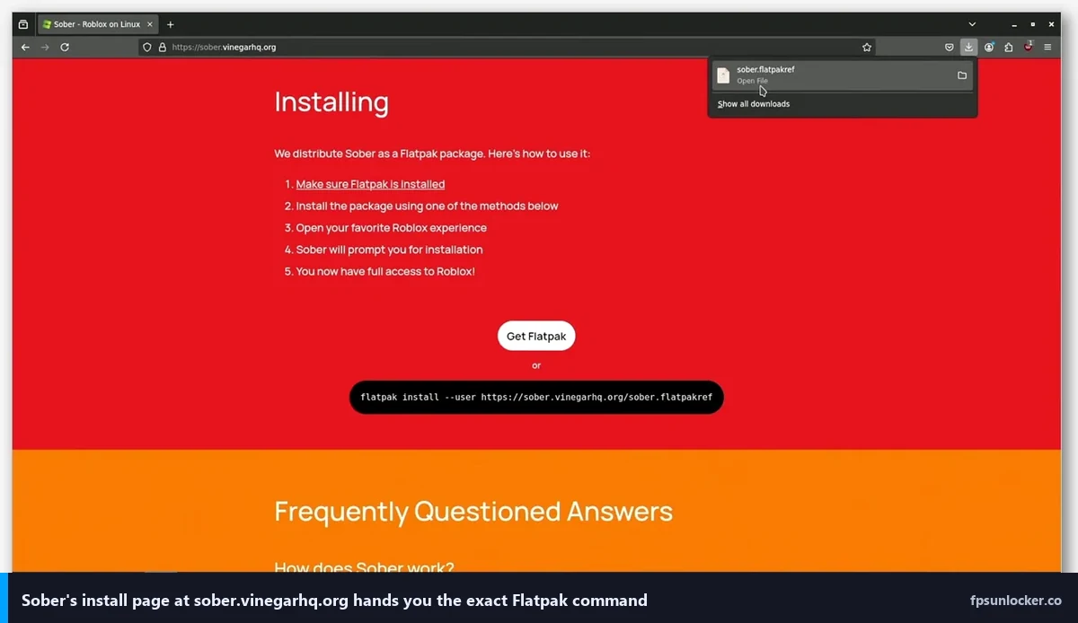 roblox fps linux sober: the Sober install page at sober.vinegarhq.org with the exact Flatpak command visible