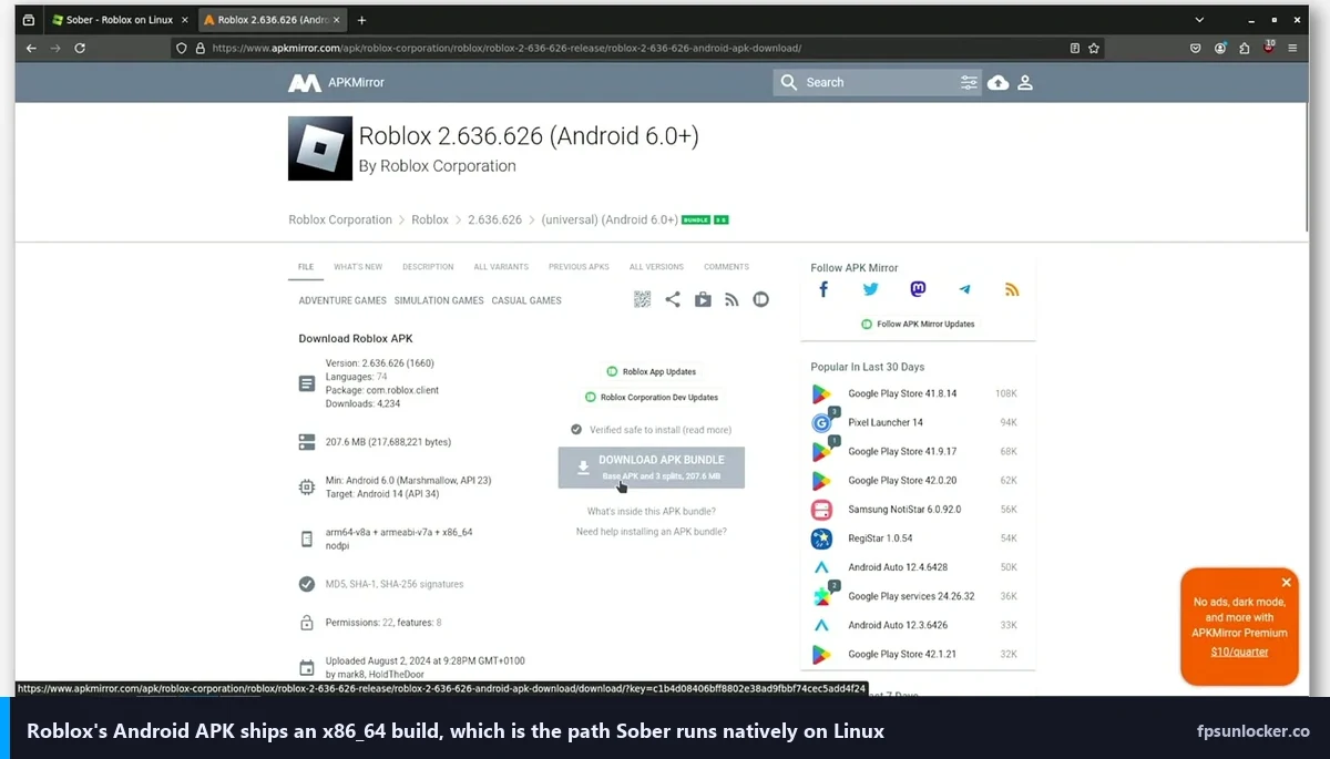 roblox fps linux sober, Roblox Android APK showing the x86_64 architecture Sober uses
