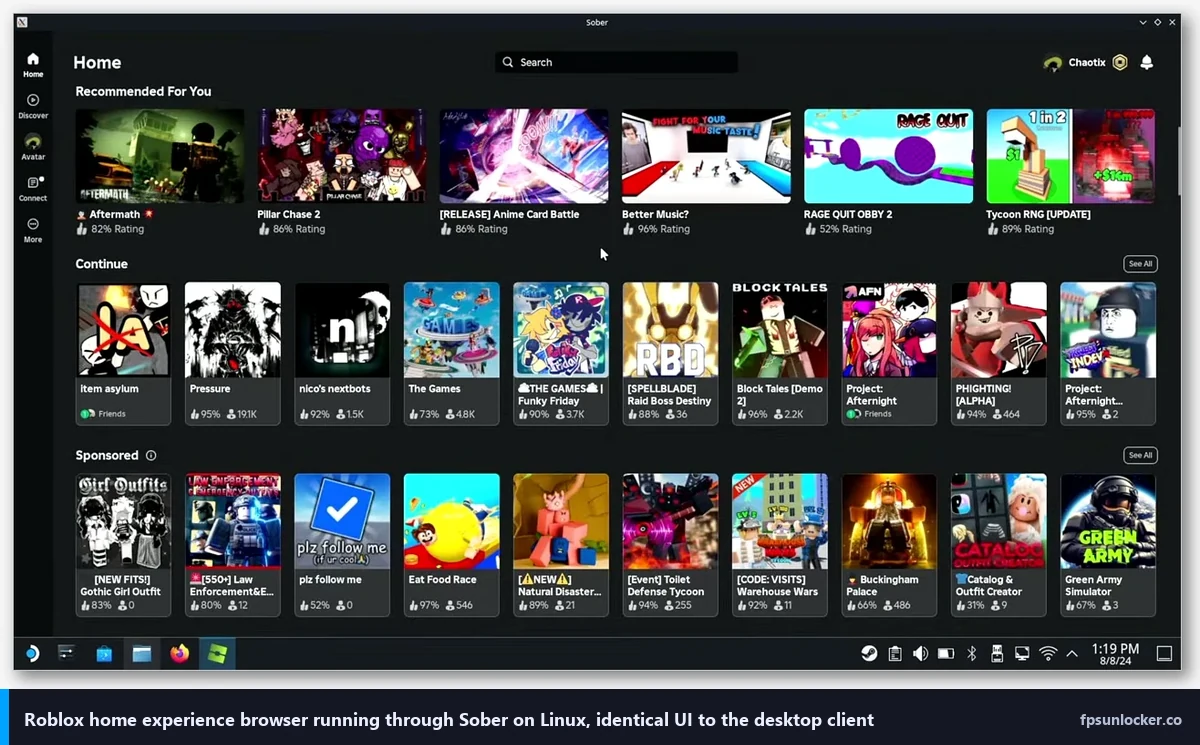 roblox fps linux sober, Roblox experience browser running through Sober on Linux