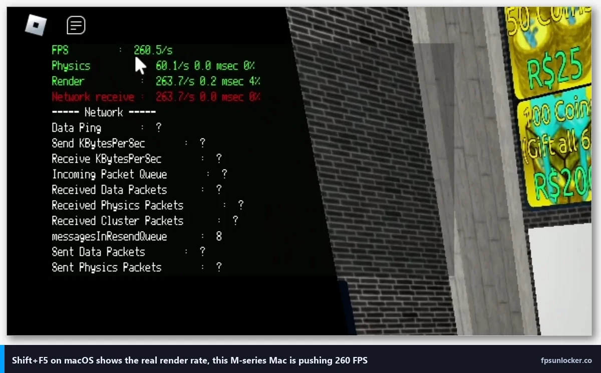 roblox fps mac: Shift+F5 on macOS shows the real render rate, this M-series Mac is pushing 260 FPS