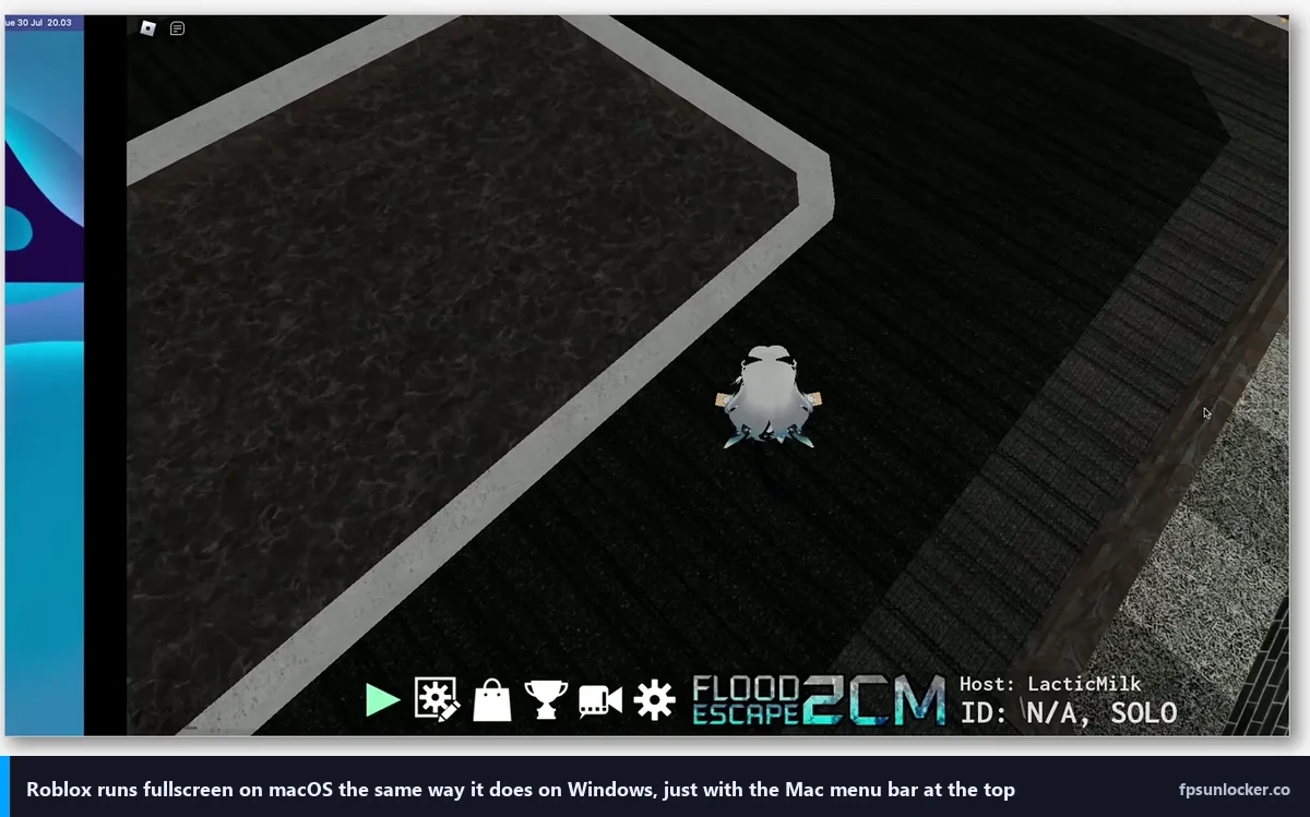 roblox fps mac, in-game Roblox running fullscreen on macOS with the Mac menu bar visible