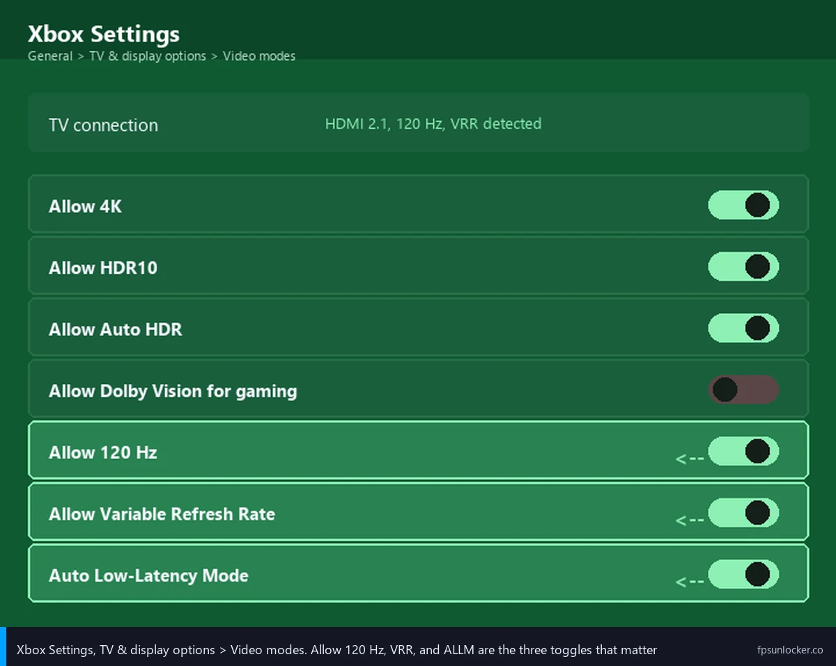 roblox fps on xbox, step 2 xbox 120hz toggle settings