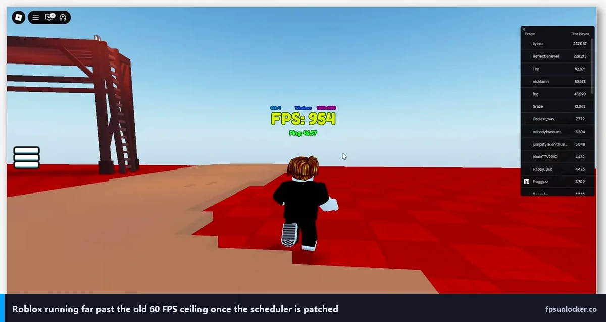 roblox fps unlocker step 1, Roblox running well past the old 60 FPS ceiling with FPS 954 visible