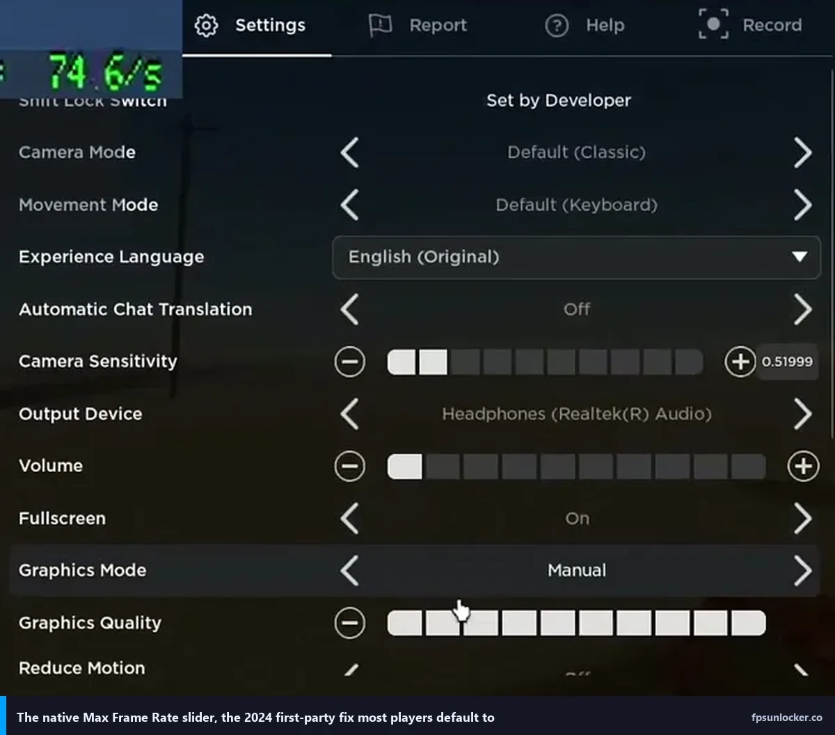 roblox fps unlocker step 2, in-game Settings panel where Max Frame Rate now lives