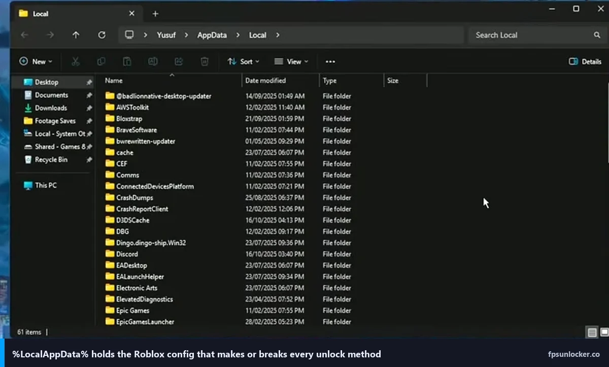 roblox fps unlocker step 3, LocalAppData folder holds the Roblox config that makes or breaks the unlock