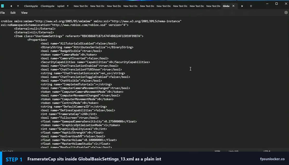 Roblox GlobalBasicSettings_13.xml open in Notepad with FramerateCap value 240 visible, step 1 of the FPS unlock fix