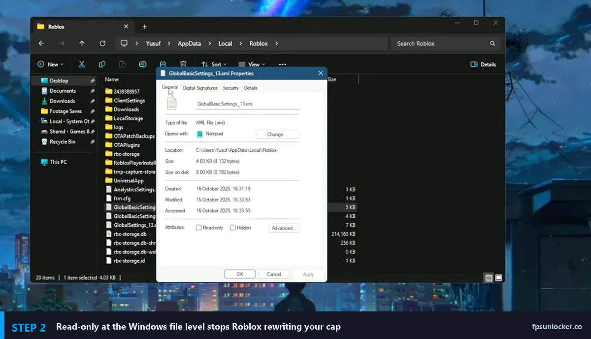 Windows 11 Properties dialog for GlobalBasicSettings_13.xml showing the Read-only attribute, step 2 of the roblox fps unlocker fix