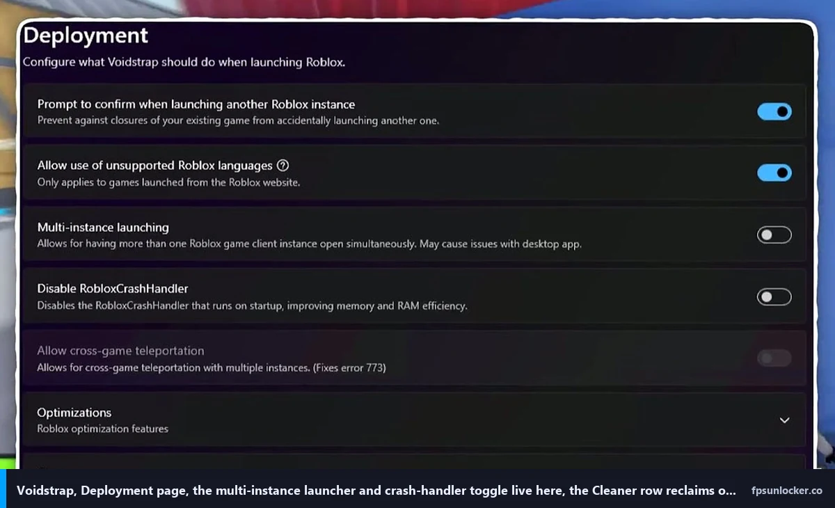 voidstrap review, Voidstrap Deployment page with multi-instance launching and crash handler toggles
