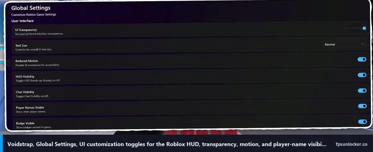 voidstrap review, Voidstrap Global Settings UI customization toggles